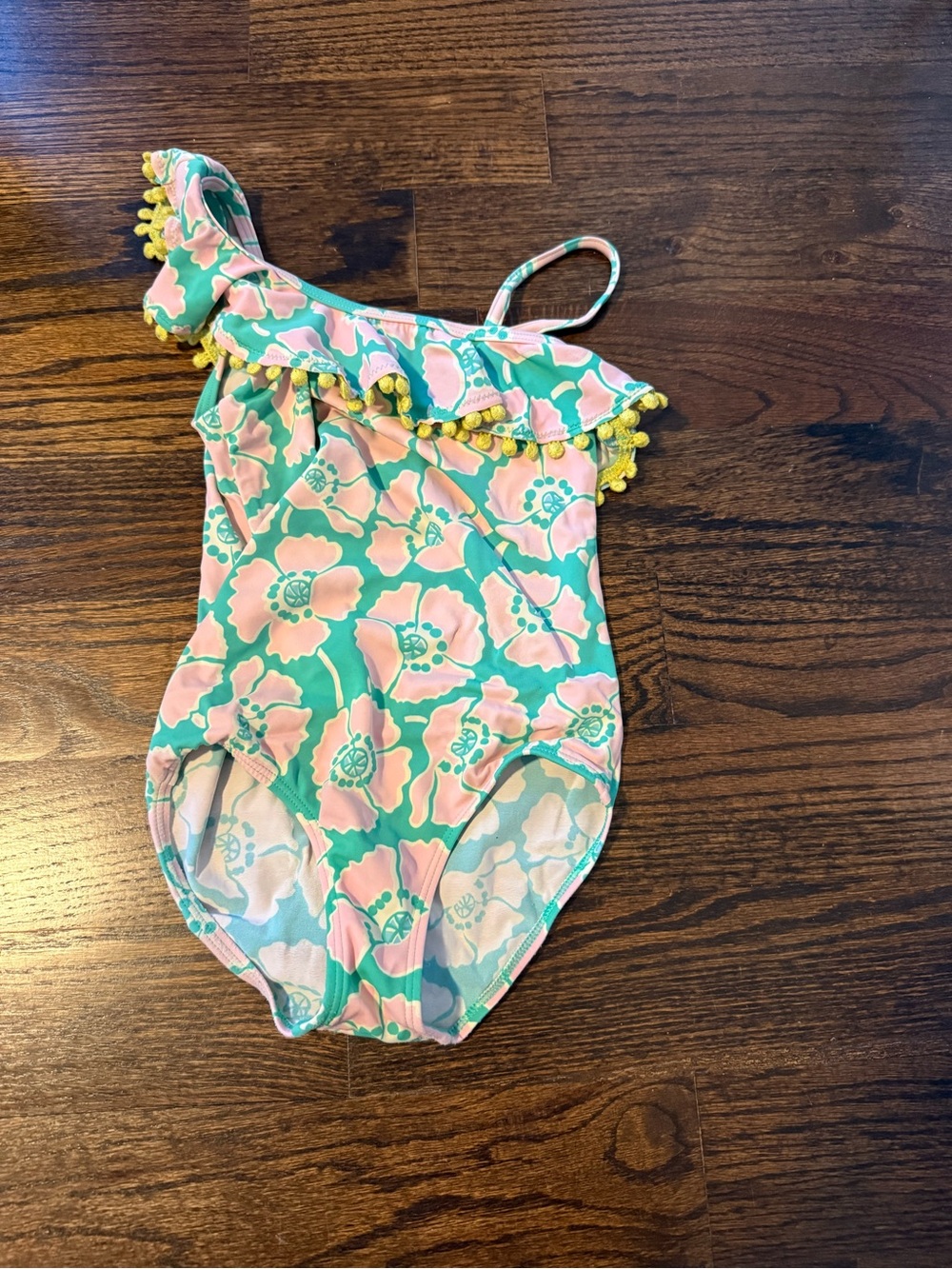 Boden Pink and Mint Floral One-Shoulder Girls Swimsuit with Yellow Pom Trim